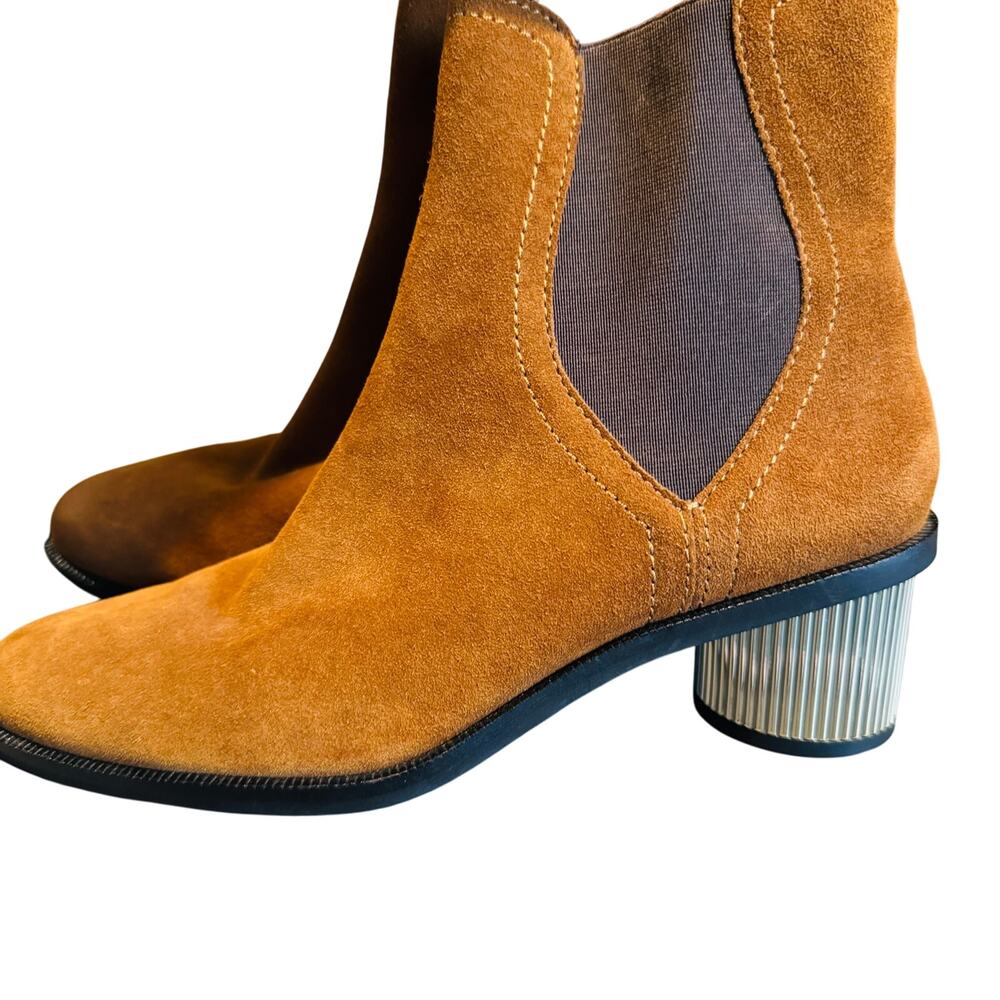 Rebecca Minkoff Darsea Chelsea Ankle Boot Brown Round Metallic Heel Size 7